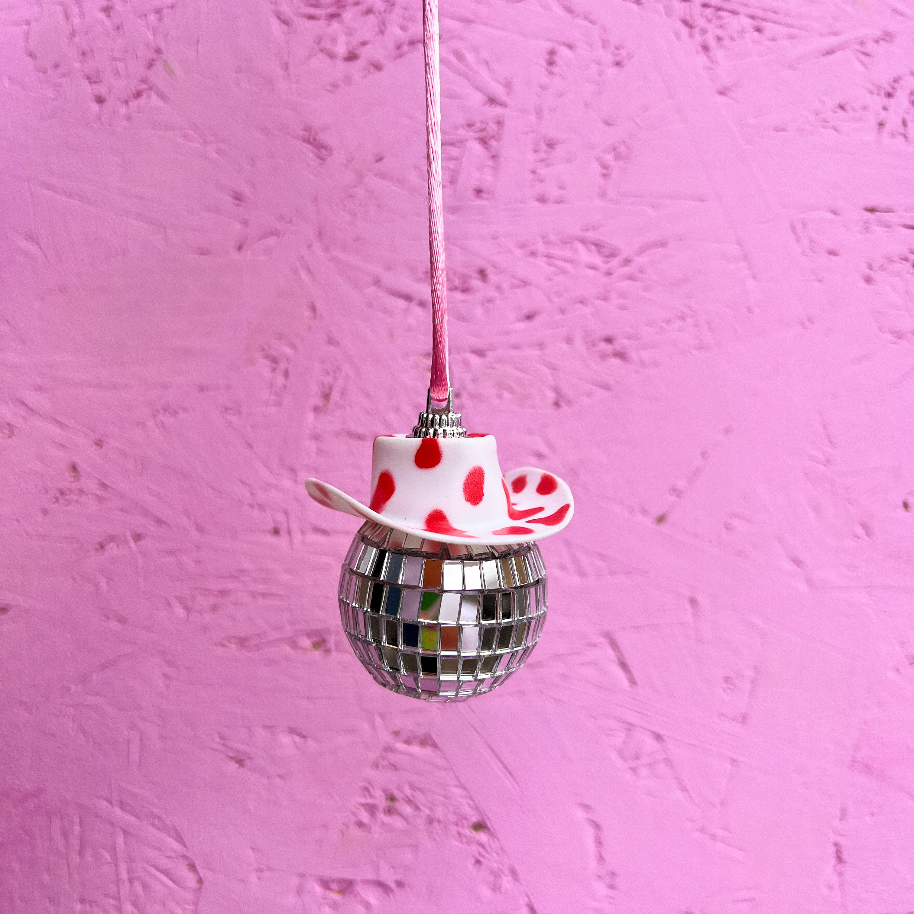 Pink vintage cow print disco ornament