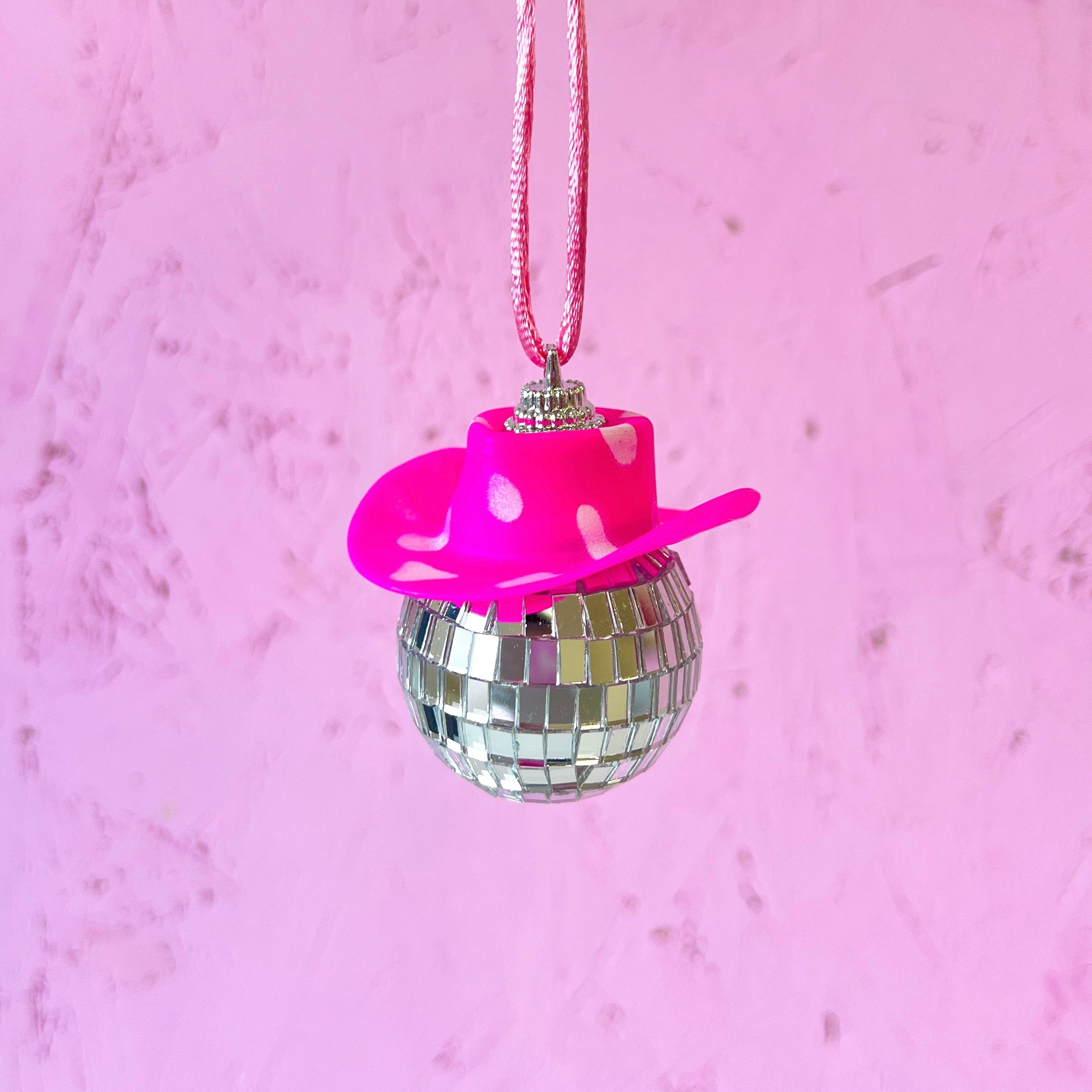Pink inverted vintage cow disco ornament