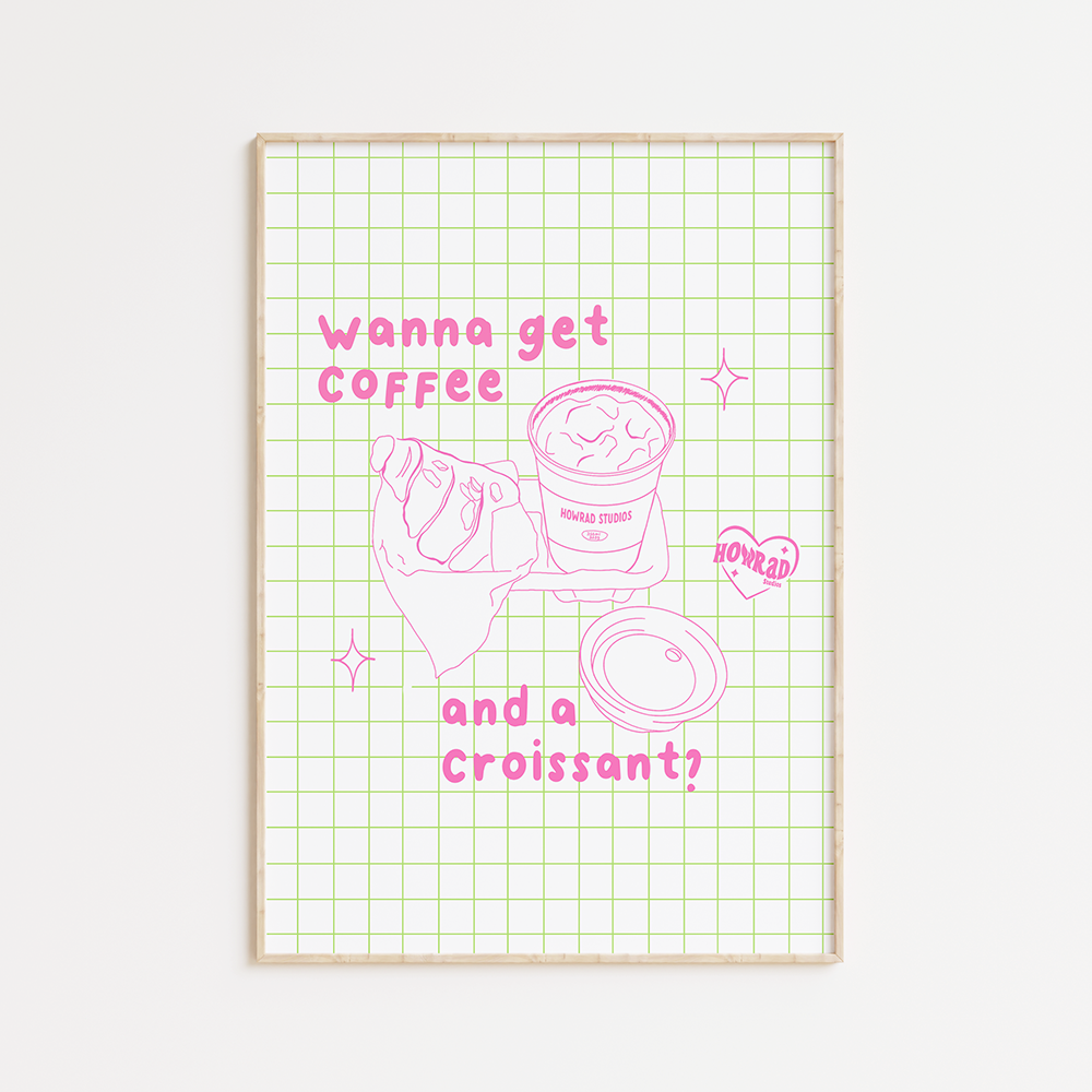 Coffee & croissant pink print
