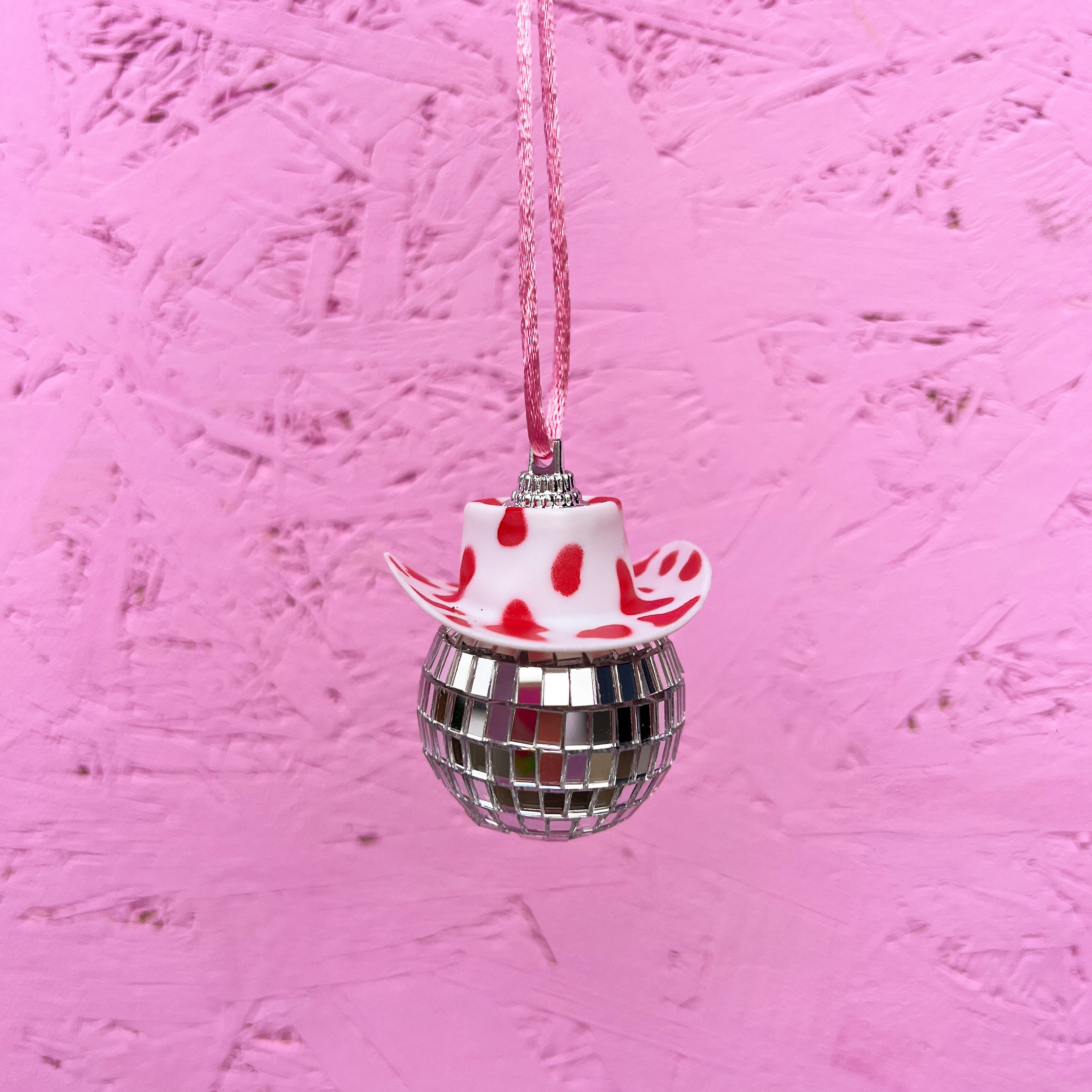 Pink vintage cow print disco ornament
